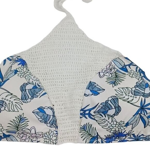 Cupshe Bikini Blue White Floral Palm Tropical Cheeky Gal Halter Womens Size 2XL - Picture 3 of 6